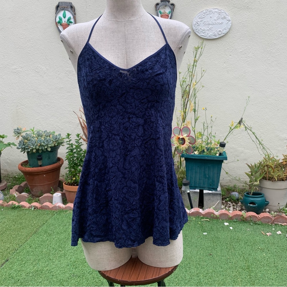Dark blue floral velvet mini halter slip dress